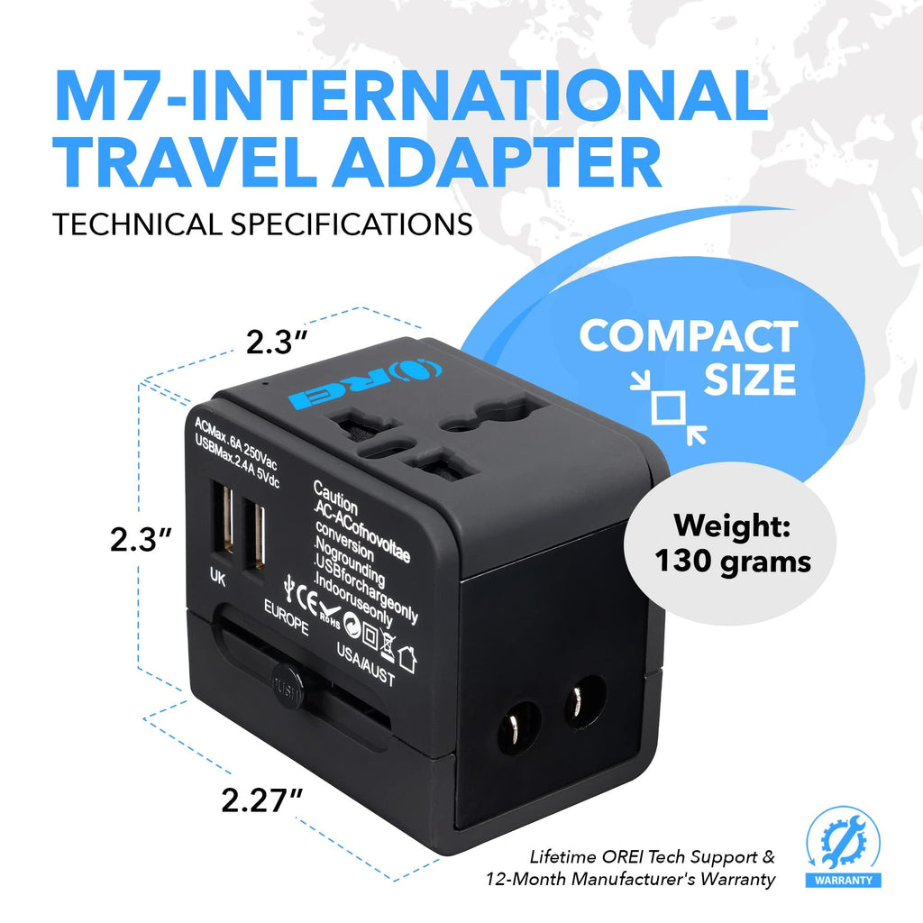 Orei Universal Travel Adapter with 2 USB Ports, 3 in 1 Universal Charger, International Travel Adapter for Cell Phones, Tablets, Camera, for Travelers to US, Europe, UK & More