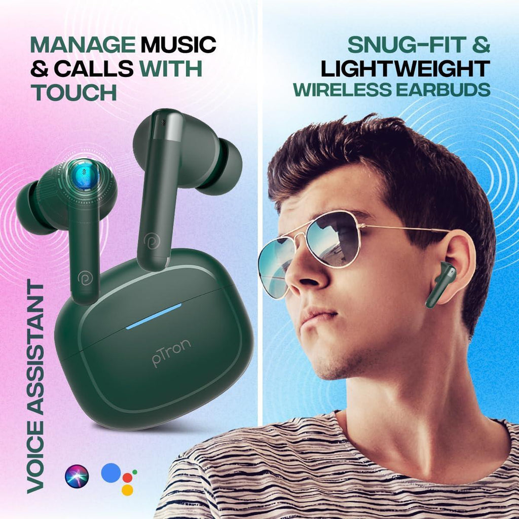 pTron Newly Launched Bassbuds Duo Pro TWS Earbuds, TruTalk AI-ENC Calls, 38H Playback Time, Deep Bass, Movie/Music Modes, In-Ear Bluetooth 5.3 Headphones with HD Mic,Fast Type-C Charging & IPX5(Green) - Triveni World