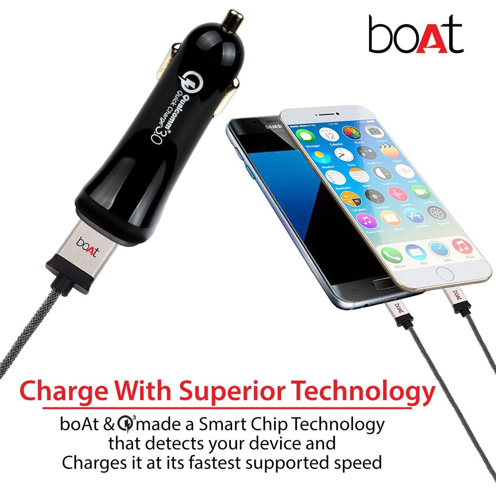 boAt Dual Port Rapid 5V Car Charger (Qualcomm Certified) Smart Charging with Quick Charge 3.0 for Cellular Phones (Black) (Free Micro USB Cable)