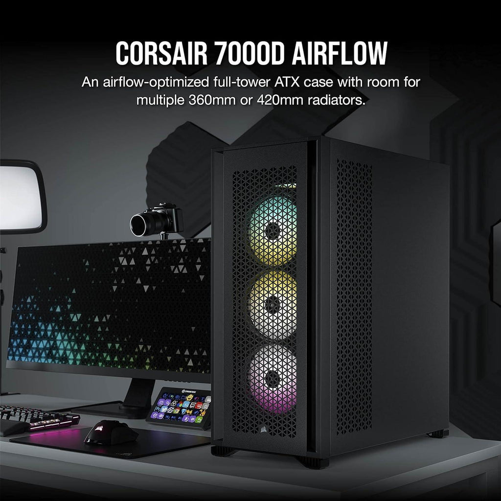 Corsair 7000D Airflow Full-Tower Alloy Steel ATX Computer Case/Gaming Cabinet - Black | Support - Mini-ITX, Micro-ATX, ATX, E-ATX | Included Three AirGuide Fans - CC-9011218-WW