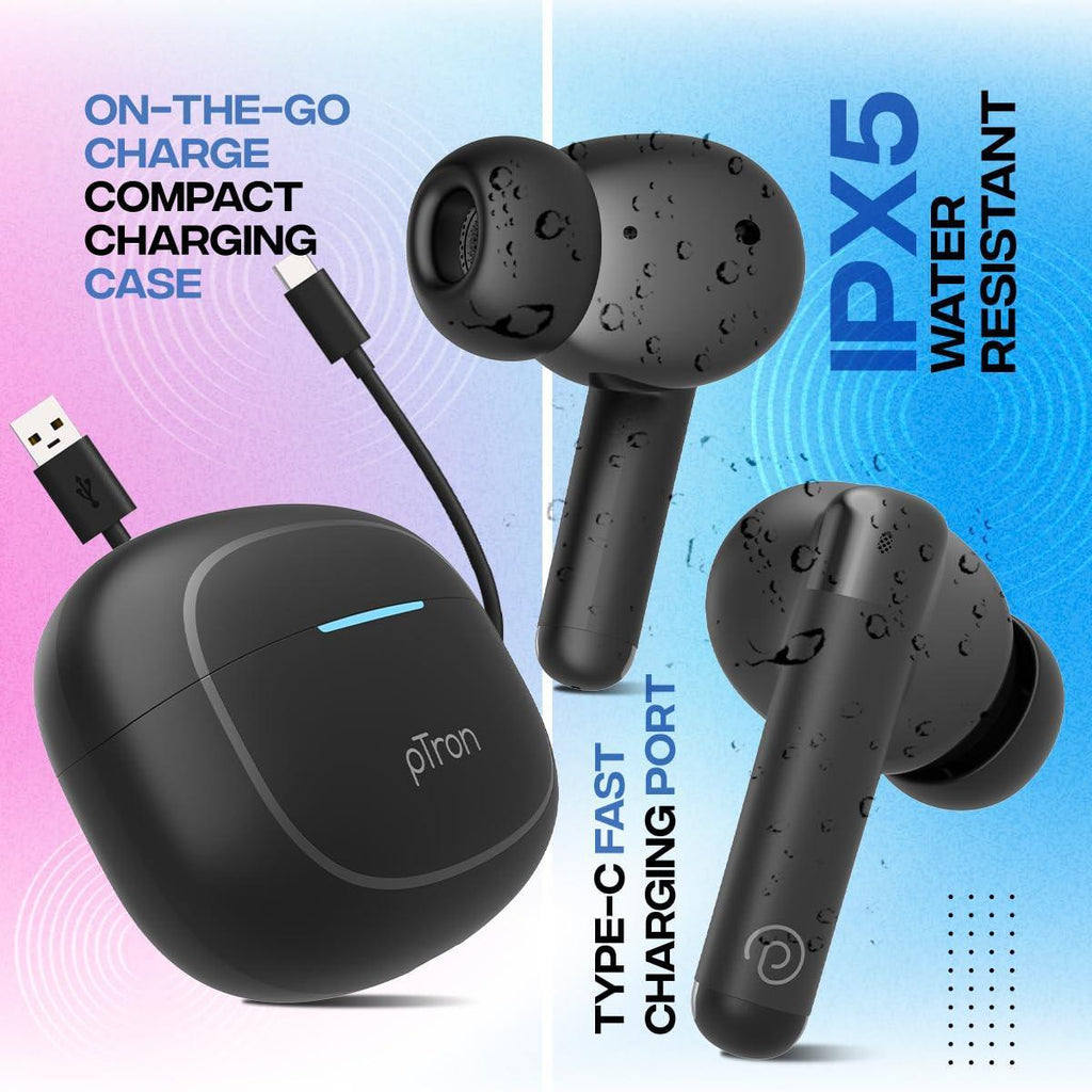 pTron Newly Launched Bassbuds Duo Pro TWS Earbuds, TruTalk AI-ENC Calls, 38H Playtime, Deep Bass, 50ms Movie/Music Modes, In-Ear Bluetooth 5.3 Headphones with HD Mic,Fast Type-C Charging & IPX5(Black) - Triveni World