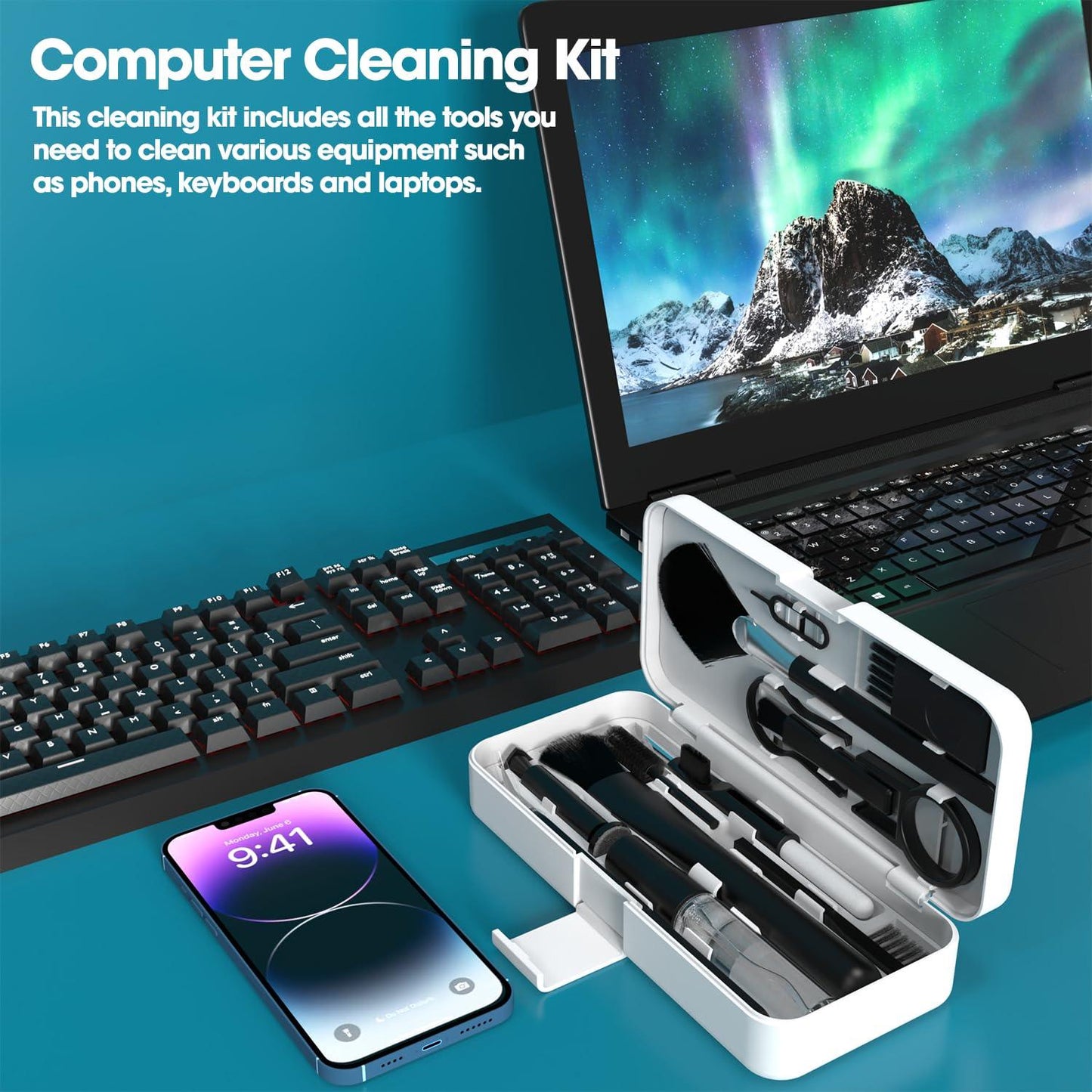 Sounce 19-in-1 Cleaning Kit for Phones, Camera, Gaming Keyboards, Laptops and Earbuds with a Built in Mobile Holder and Card Remover (White)