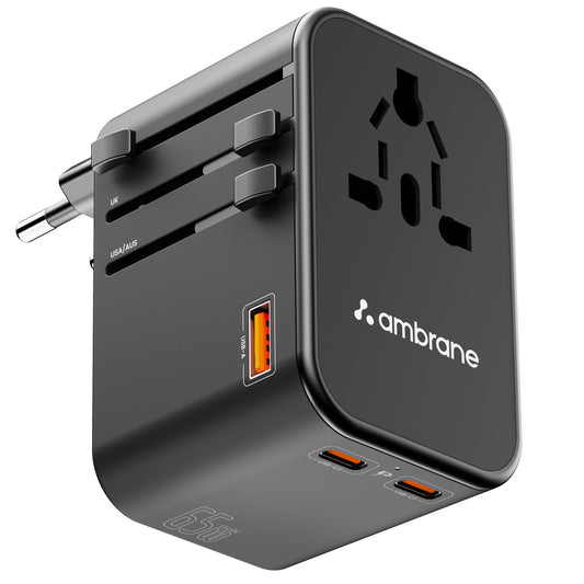 Ambrane Universal Travel Adapter Charger with 65W Laptop/MacBook Charging & Mobile Charging, Works Worldwide (EU,UK,USA,AUS,Others) AC Sockets, USB & Type C, International Adapter (ATA-02, Black)