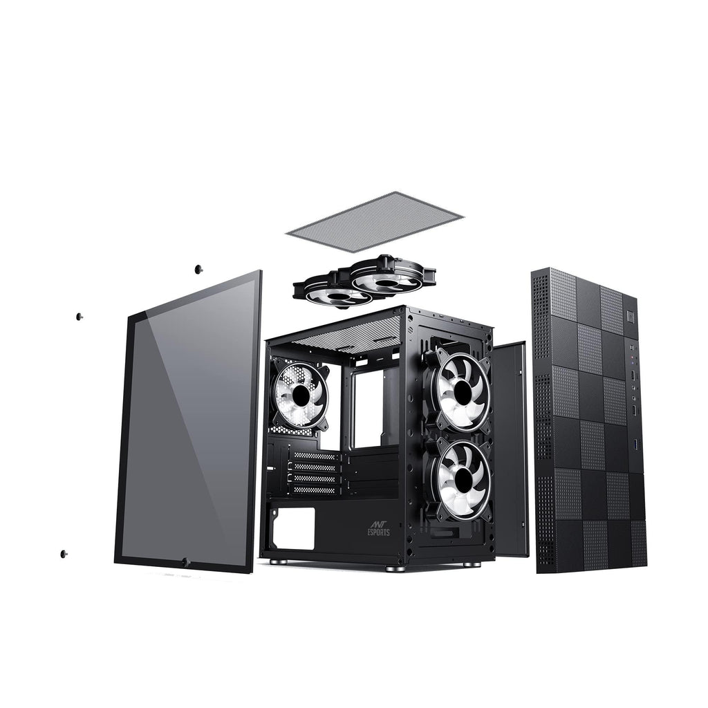 Ant Esports Elite 1000 TG Mid-Tower Computer Case/Gaming Cabinet - Black | Supports M-ATX, ITX with Pre-Installed 1 x 120mm Black Rear Fan