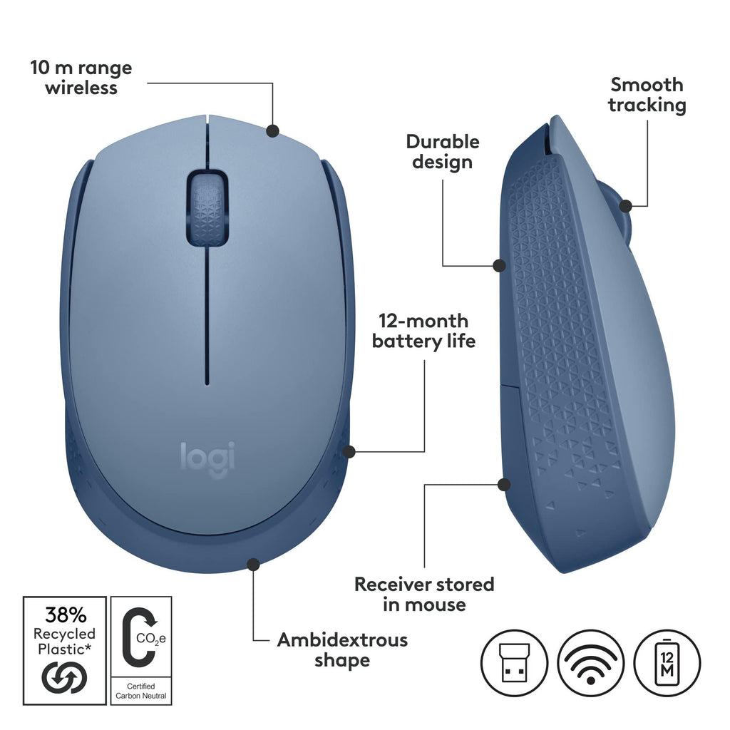 Logitech M171 Wireless Mouse for PC, Mac, Laptop, 2.4 GHz with USB Mini Receiver, Optical Tracking, 12-Months Battery Life, Ambidextrous - Grey