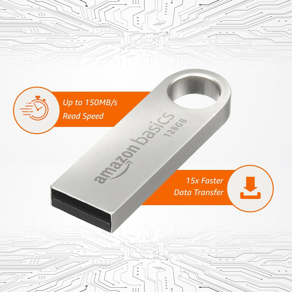 Amazon Basics 128 GB Flash Drive | USB 3.0 | Upto 150 MB/s | Metallic Silver