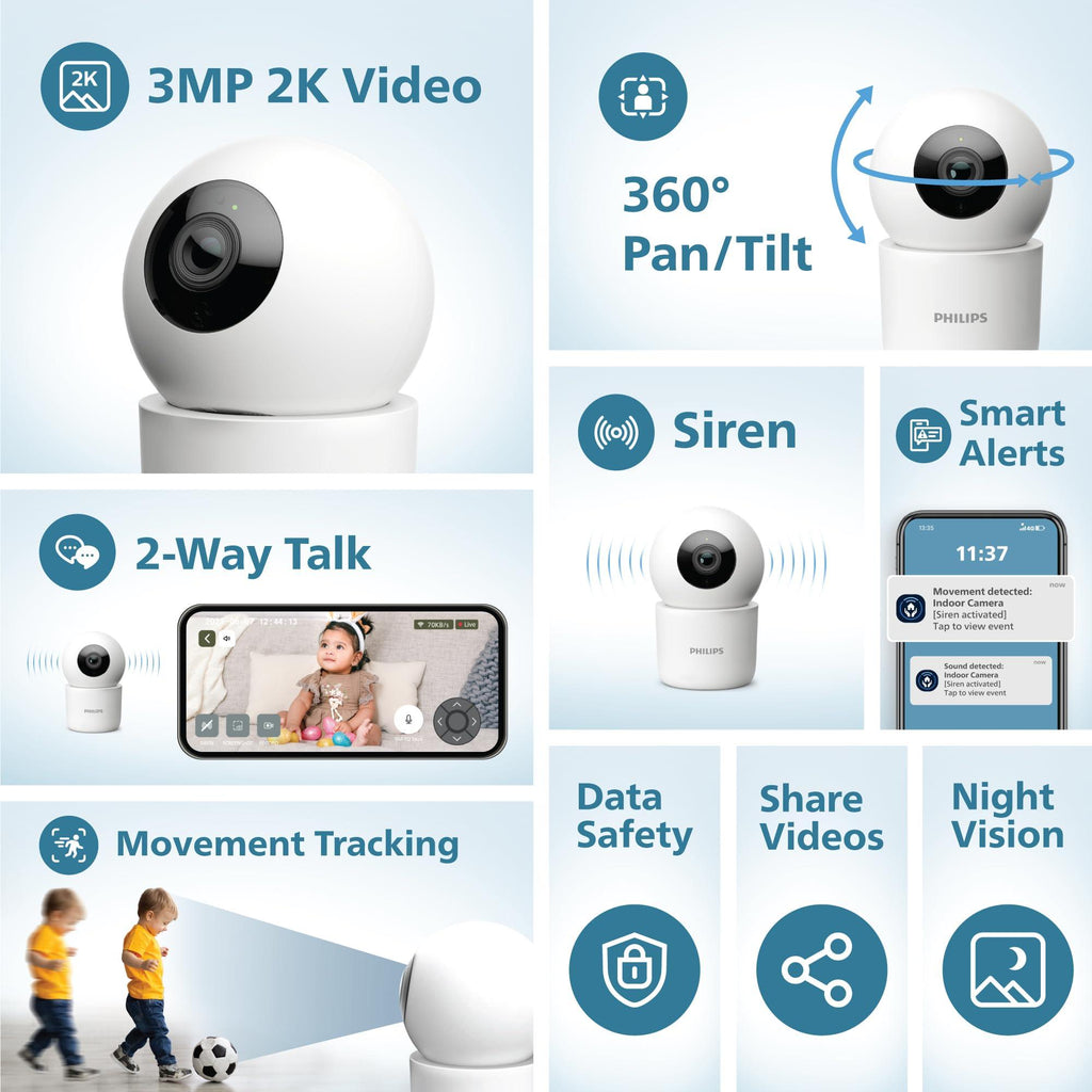 PHILIPS 3MP Wi-Fi Indoor 360 Degree Security Camera | CCTV for Home | 2K(1296p) Resolution, Pan Tilt Zoom, 2-Way Talk, Motion & Sound Detection | HSP3500 White