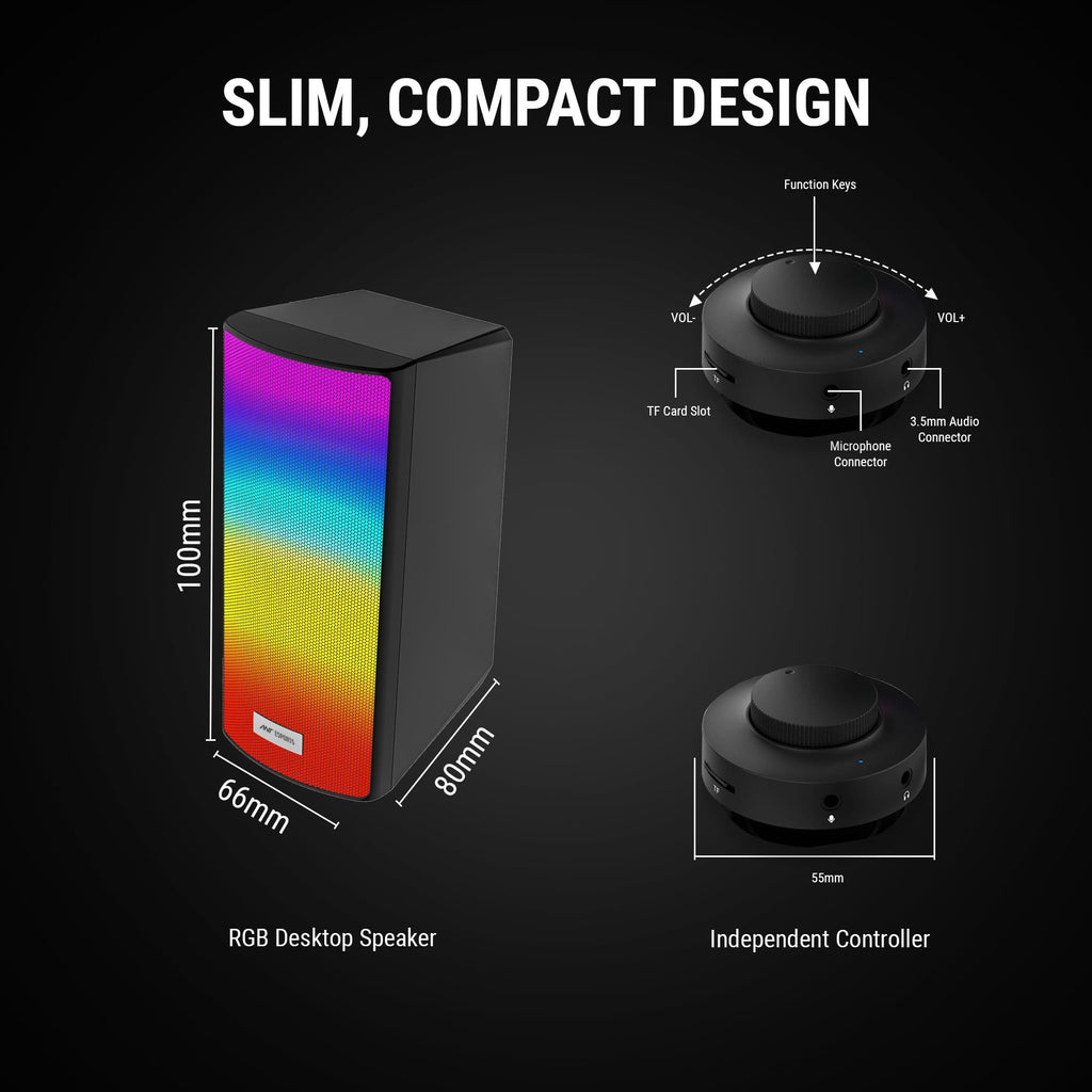 Ant Esports GS510 Multimedia 2.0 Channel USB Powered Bluetooth RGB Gaming Speakers with Control pod for Volume, RGB and Memory Card Slot -Perfect Computer Speakers for Desktop, PC, Laptop,Mobile-Black