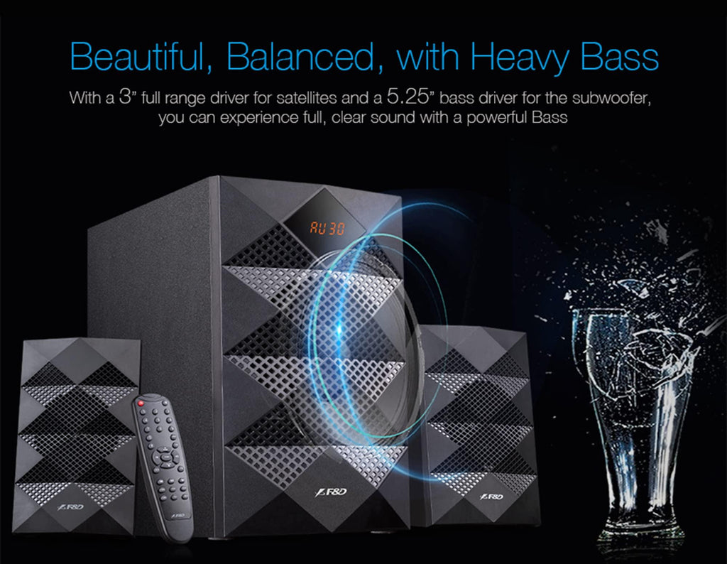 F&D A180X 2.1 Channel Multi Media Speaker (Black) | Wireless Bluetooth Speakers | Subwoofer Satellite Speakers/LED Display/USB/SD Card/NFC | Home Theatre | High Bass | Speaker for Laptop, Pc & Mobile