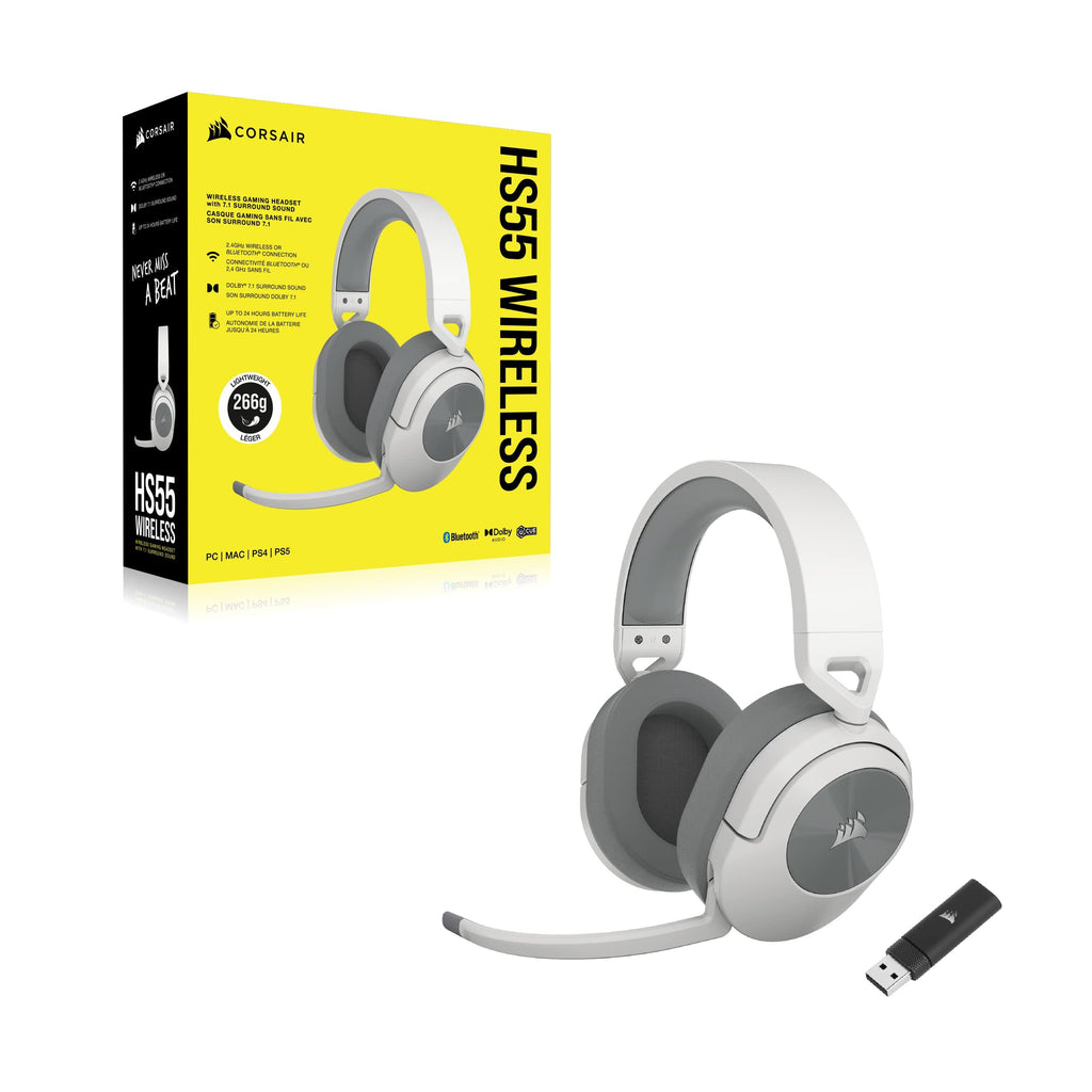 Corsair HS55 WIRELESS Gaming Headset, White. Low-Latency 2.4Ghz Wireless or Bluetooth, Dolby ® Audio 7.1 Surround Sound, Omni-Directional Microphone with Flip-to-Mute Function