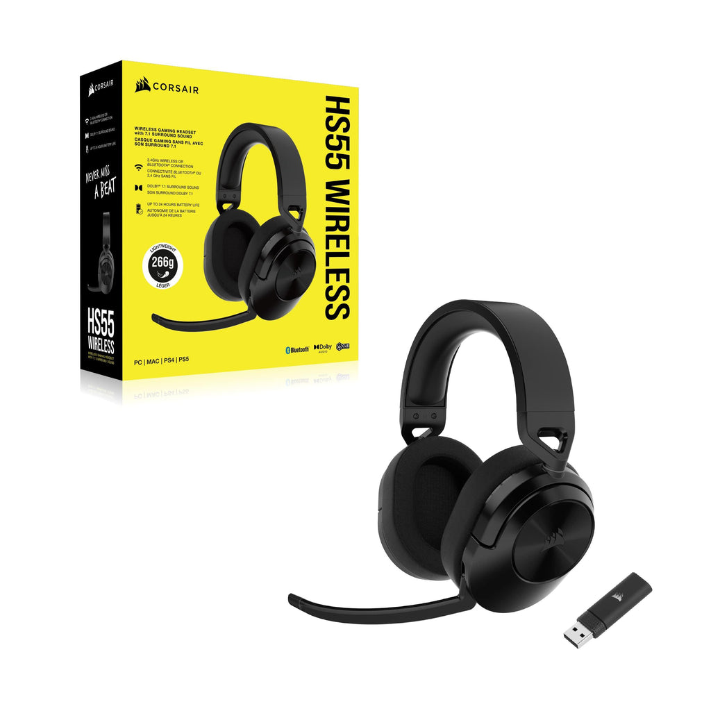 Corsair HS55 Wireless Gaming Headset, Carbon, Low-Latency 2.4Ghz Wireless or Bluetooth, Dolby Audio 7.1 Surround Sound on PC and Mac, Omni-Directional Microphone with Flip-to-Mute Function