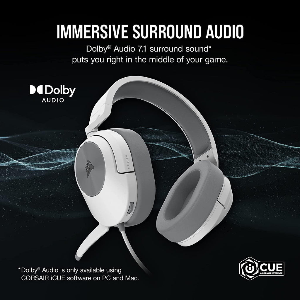 Corsair HS55 Surround Wired Gaming On Ear Headset (Leatherette Memory Foam Ear Pads, Dolby Audio 7.1 Surround Sound on PC and Mac, Lightweight, Omni-Directional Microphone, Multi-Platform) White