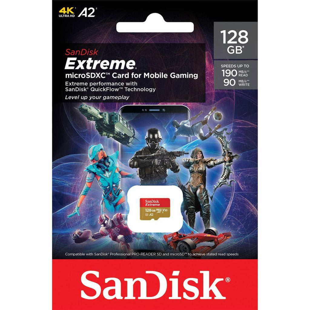 SanDisk Extreme microSD UHS I 128GB Card for Gaming, A2 Certification for Faster Game Loads, 190MB/s Read, 90MB/s Write