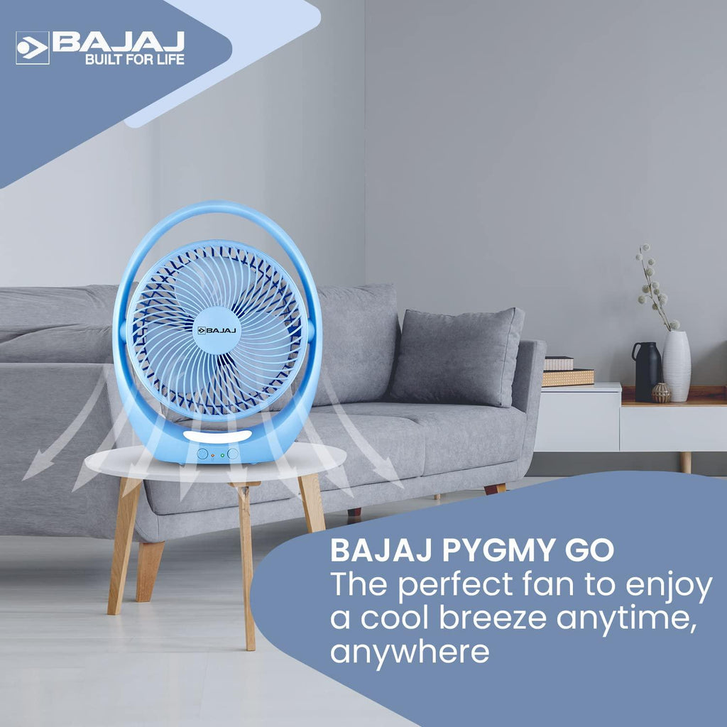 Bajaj Pygmy Go 178 mm Mini Fan with LED Lighting| Rechargeable Fan| USB Charging Fan| 4-hours Battery Backup| 3 Fan Speed| 2-Light Brightness Setting| High Speed Table Fan| Blue Portable Fan