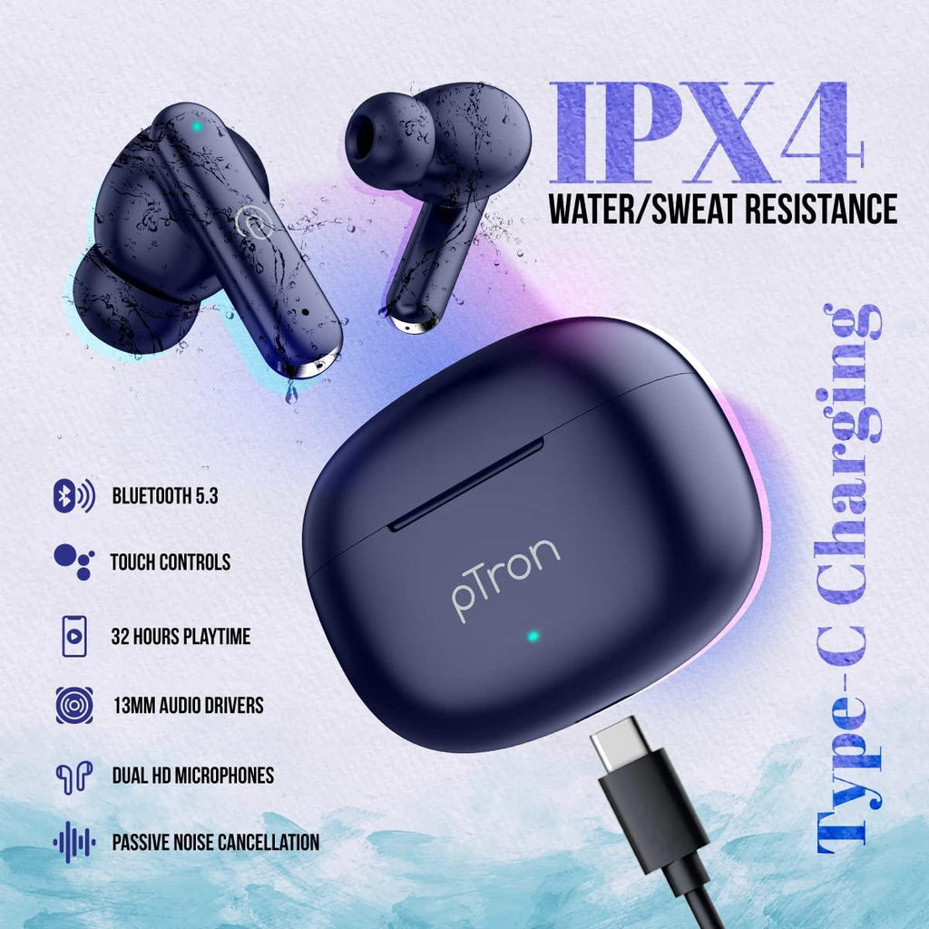 pTron Bassbuds Air in-Ear TWS Earbuds with 13mm Driver for Immersive Sound, 32Hrs Playtime, Clear Calls, Bluetooth V5.1, Touch Control, TypeC Fast Charging, Voice Assist & IPX4 Water Resistant - Triveni World