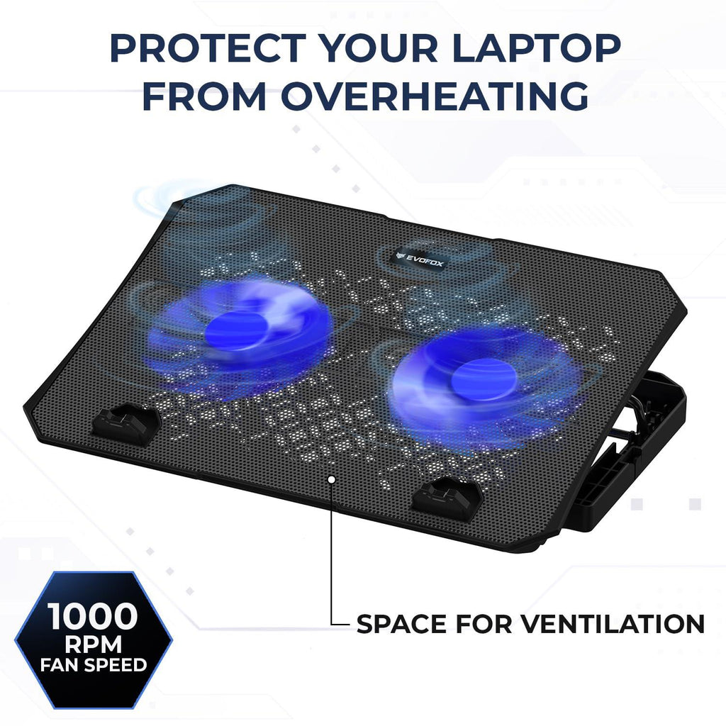 EvoFox Frost Laptop Cooling Pad with Silent Fans, 5 Adjustment Level, Silicon Pads, Iron mesh and Blue LED Lights, 2 USB Ports, for Laptops Upto 15.6 inches (Grey)