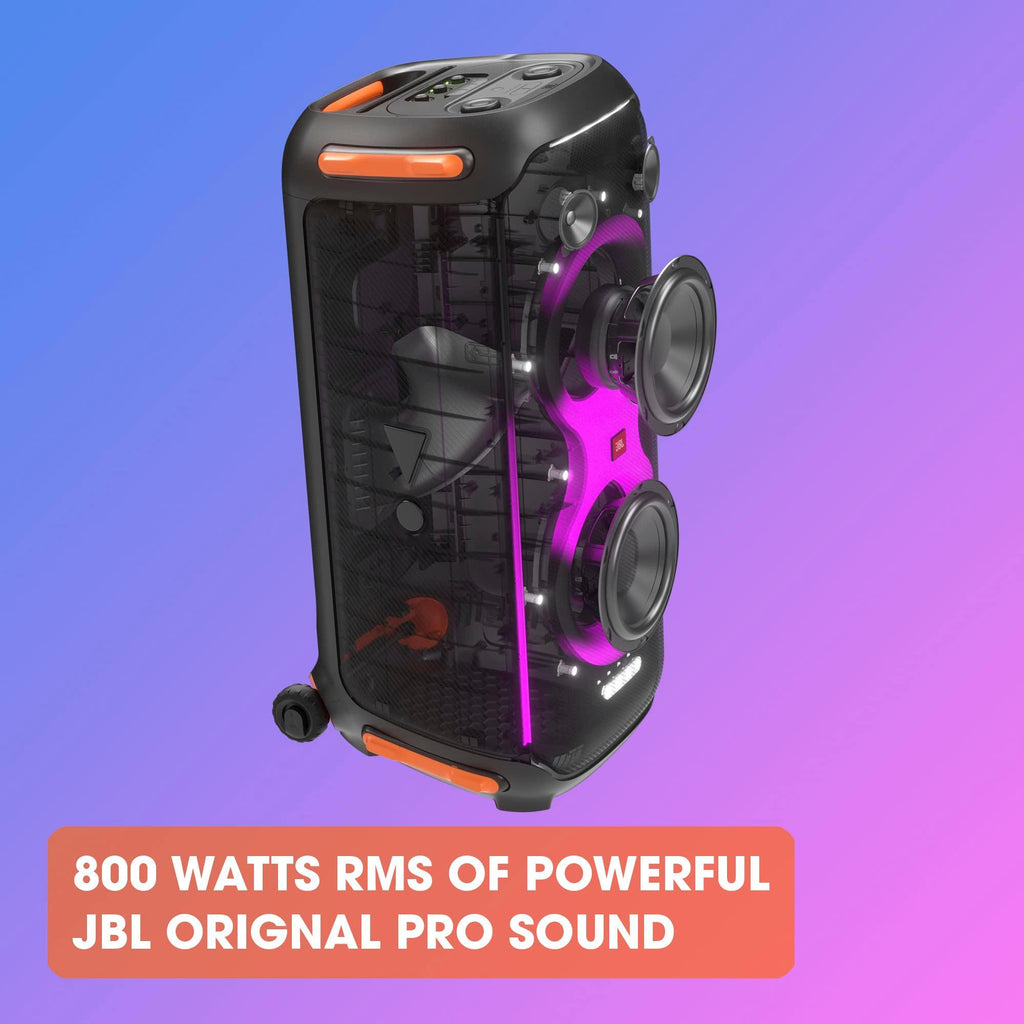 JBL PartyBox 710 Bluetooth Party Speaker with Dynamic Music Synced Flashing Club Pattern Lightshow, Pro Sound, Splashproof, PartyBox App Personalisation,Guitar and Mic Input(800 Watt RMS, Black)