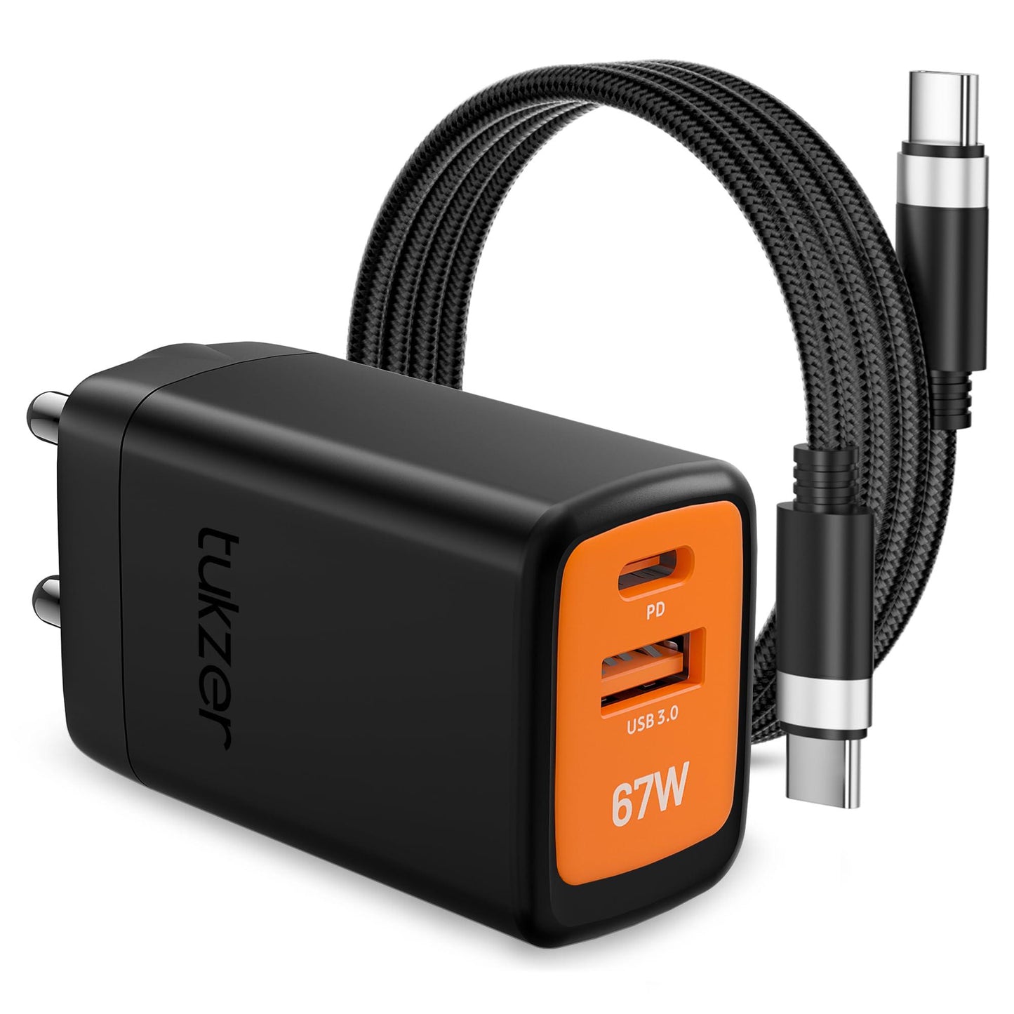 Tukzer 67W Dual Port GaN3 Ultra Fast Charger (Type C PD3.0 & USB QC3.0/ 5V~3A) + USB Type C to C Cable| Compatible with MacBook/Laptops/All iPhone/iPad/Android Phones (Black)