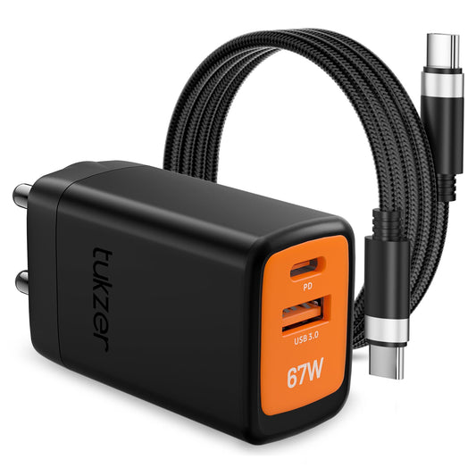 Tukzer 67W Dual Port GaN3 Ultra Fast Charger (Type C PD3.0 & USB QC3.0/ 5V~3A) + USB Type C to C Cable| Compatible with MacBook/Laptops/All iPhone/iPad/Android Phones (Black)