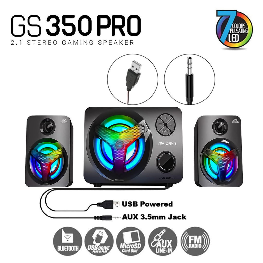 Ant Esports GS350 Pro 2.1 Stereo Gaming Speakers 15W,USB Powered Bluetooth Desktop Speaker Plus 3.5 mm Aux-in, in-line VolumeControl,RGB LED Lights Multimedia Speakers for PC, Laptop,Tablet,Cellphone