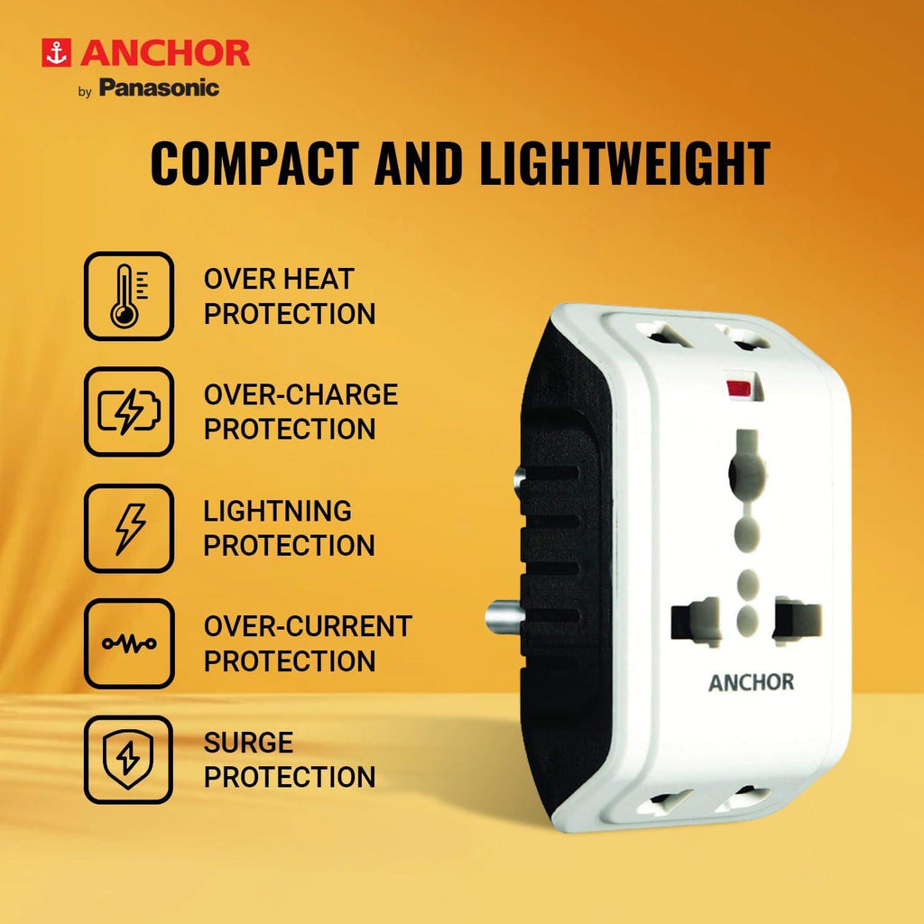 Anchor by Panasonic 6A 3 Pin Multiplug Travel Adapter with Universal Socket | 3 Pin Multi Plug Universal Socket (White)