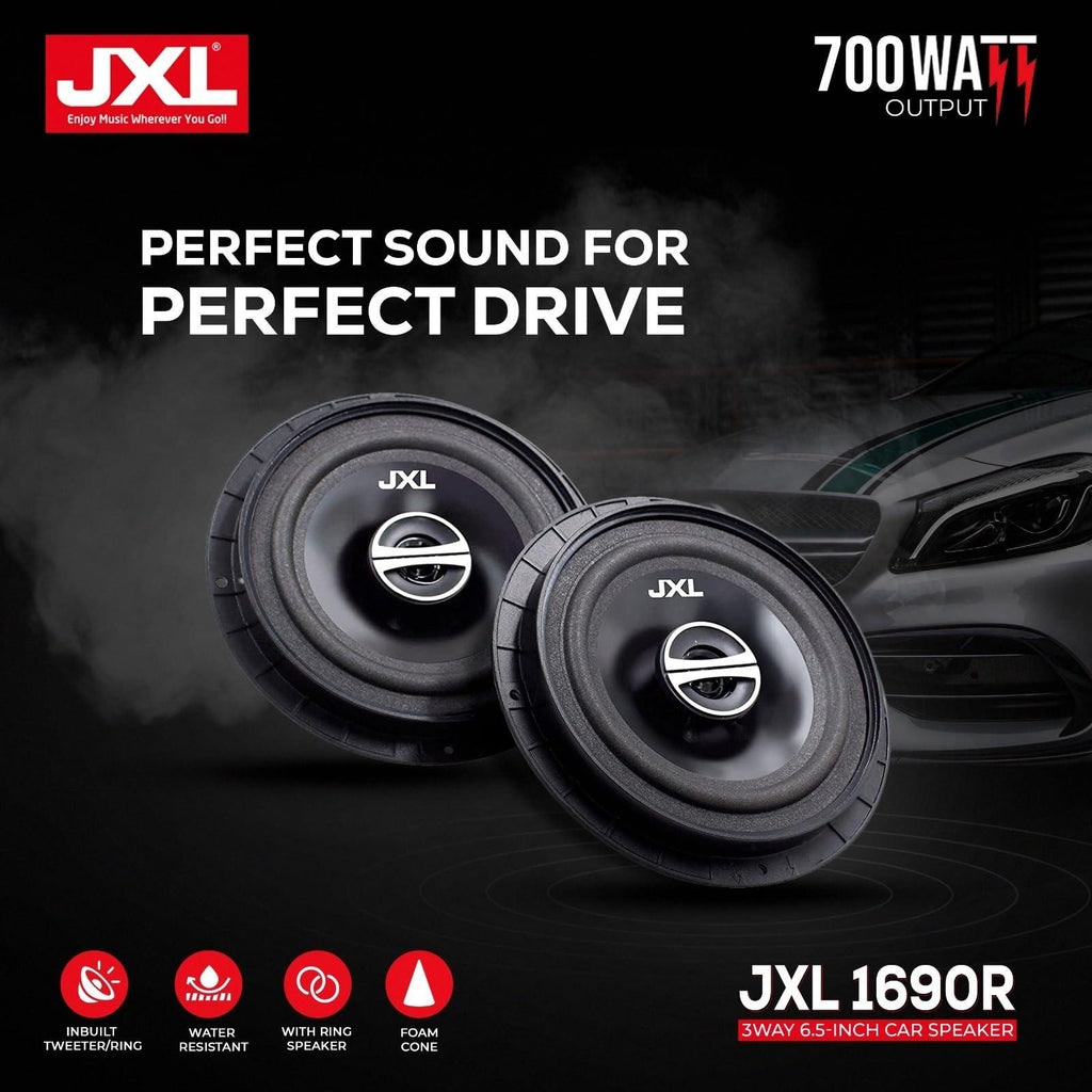 JXL 1690 R Three Way 6.5 Inches Coaxial High Bass Speaker for Car with Imported Rubber Foam Edge Cone 700W MAX Power with Ring/Water Resistant(Black)