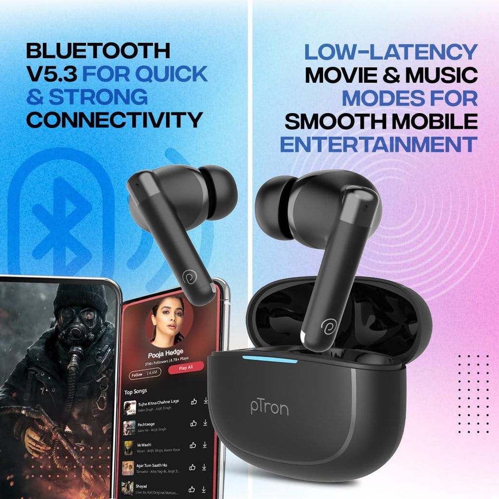 pTron Newly Launched Bassbuds Duo Pro TWS Earbuds, TruTalk AI-ENC Calls, 38H Playtime, Deep Bass, 50ms Movie/Music Modes, In-Ear Bluetooth 5.3 Headphones with HD Mic,Fast Type-C Charging & IPX5(Black) - Triveni World