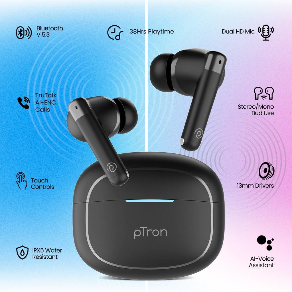 pTron Newly Launched Bassbuds Duo Pro TWS Earbuds, TruTalk AI-ENC Calls, 38H Playtime, Deep Bass, 50ms Movie/Music Modes, In-Ear Bluetooth 5.3 Headphones with HD Mic,Fast Type-C Charging & IPX5(Black) - Triveni World