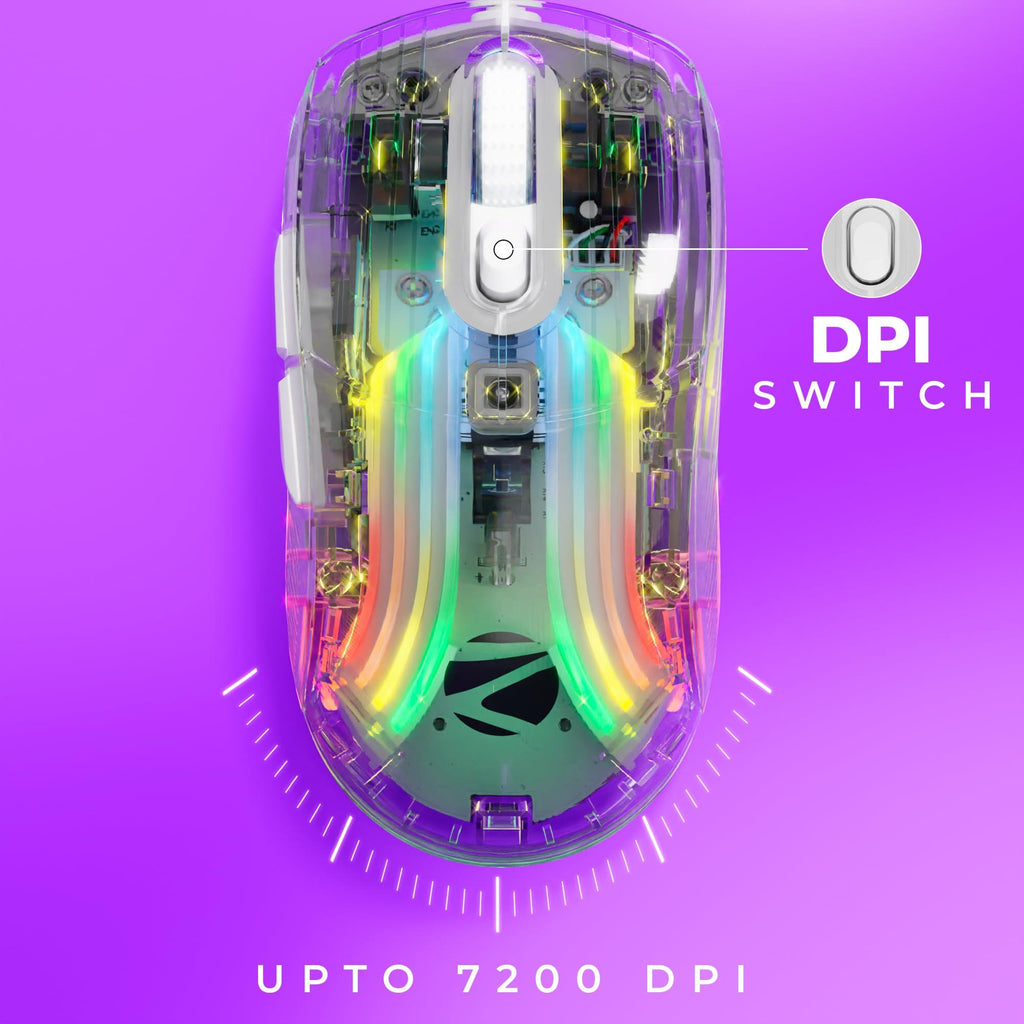 Zebronics Krystal Transparent Premimum Gaming Mouse with Upto 7200 DPI, 7 Buttons, Braided Cable, High Resolution Sensor, Windows Software with RGB LED Light Modes