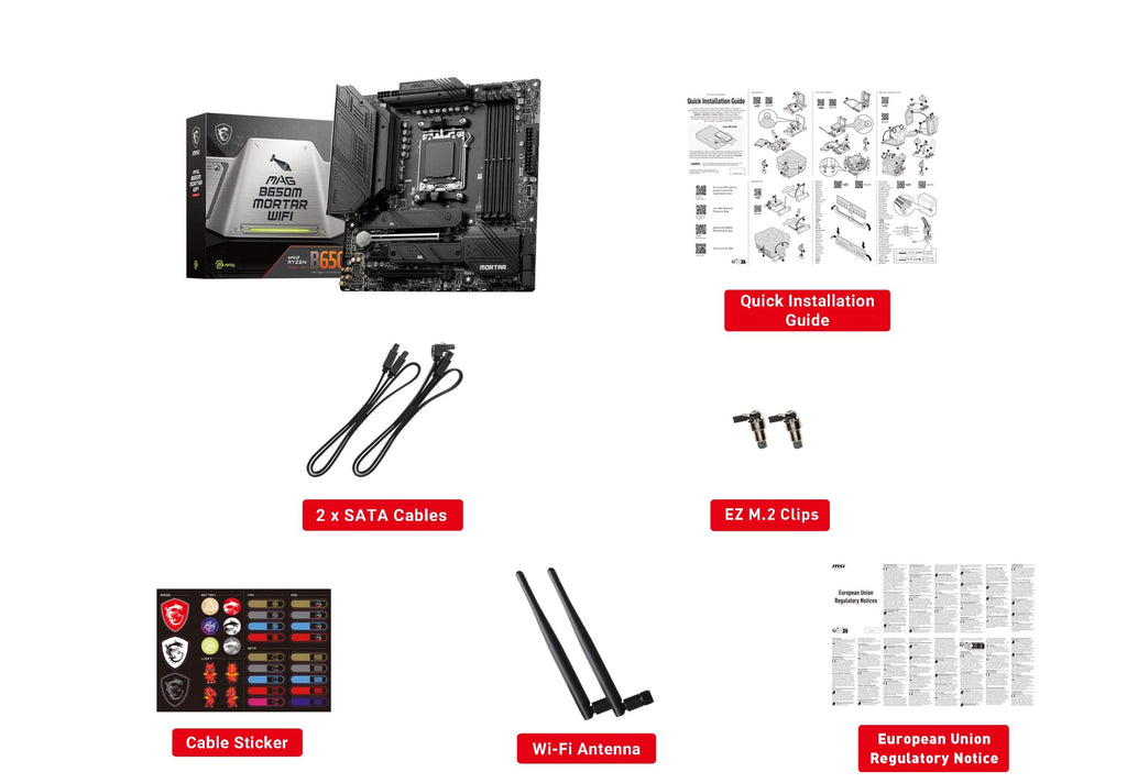 MSI MAG B650M MORTAR WIFI Motherboard, Micro-ATX - Supports AMD Ryzen 7000 Series Processors, AM5-12 Duet Rail 80A VRM, DDR5 Memory Boost 6400+MHz/OC, 2 x PCIe 4.0 x16, 2 x M.2 Gen4, Wi-Fi 6E