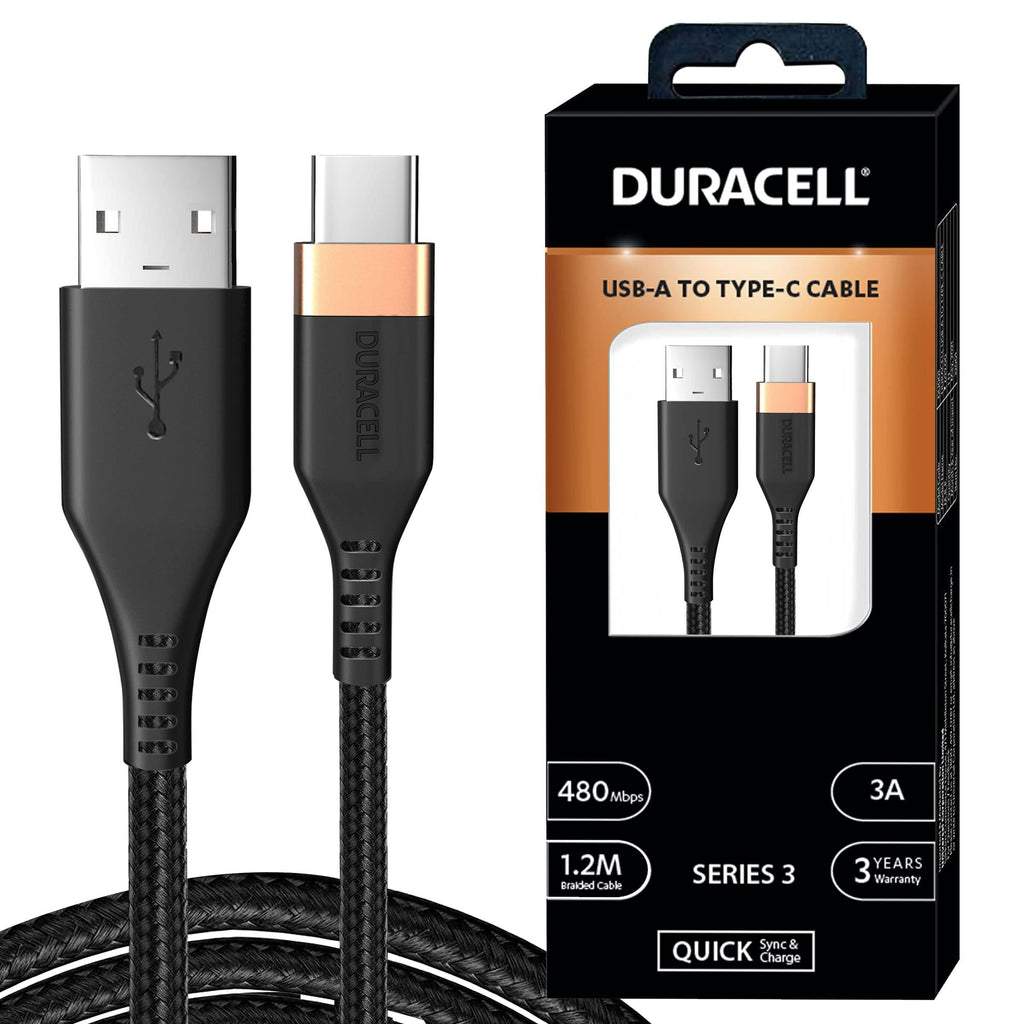 Duracell Usb Type C, 3A Braided Sync & Fast Charging Cable, 3.9 Feet (1.2M), Qc 2.0/3.0 Ultra Fast Charging, For Samsung, Mi, Realme & Type C Devices, Seamless Data Transmission, Series 3, Black