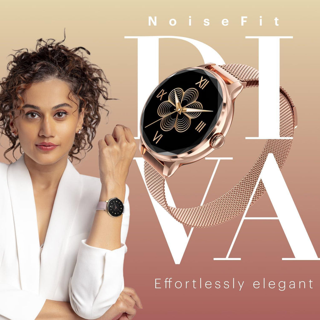 Noise Diva Smartwatch with Diamond Cut dial, Glossy Metallic Finish, AMOLED Display, Mesh Metal and Leather Strap Options, 100+ Watch Faces, Female Cycle Tracker Smart Watch for Women (Gold Link) - Triveni World