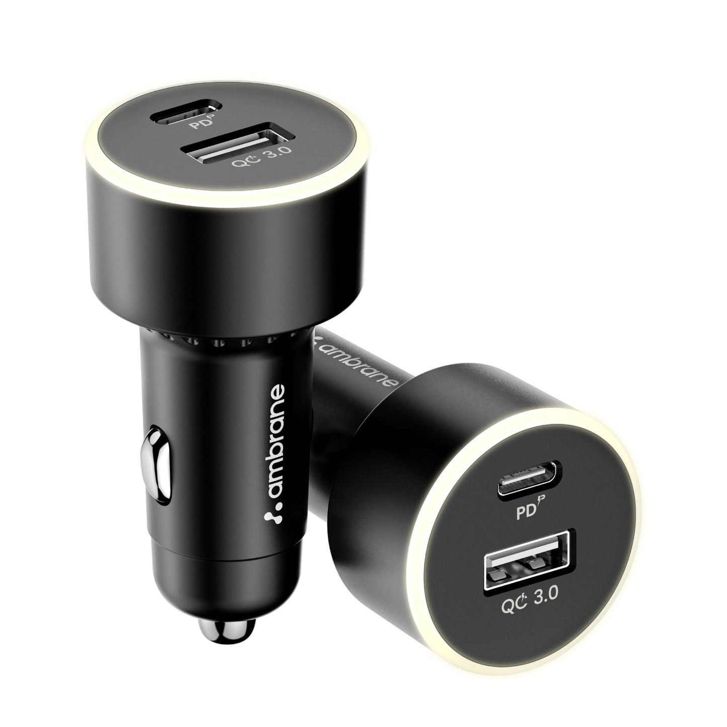 Ambrane 85W Car Charger, Mobile & Laptop Charging (MacBook & Type C Laptops), Glowing Light, Dual Port Fast Charging, 65W Type C PD, 20W USB for iPhone, Android, iPad & Other Devices (Black, C85R)