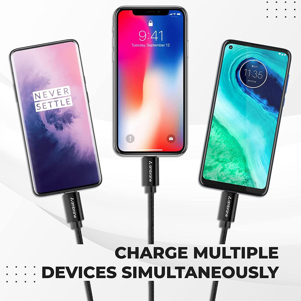 Ambrane Unbreakable 3 in 1 USB Fast Charging Cable with Type C, Lightning, Micro USB Port with 2.1 A, Compatible with iPhone, iPad, Samsung, OnePlus, Mi, Oppo, Vivo, Xiaomi, 1.25M (Trio-11, Black)