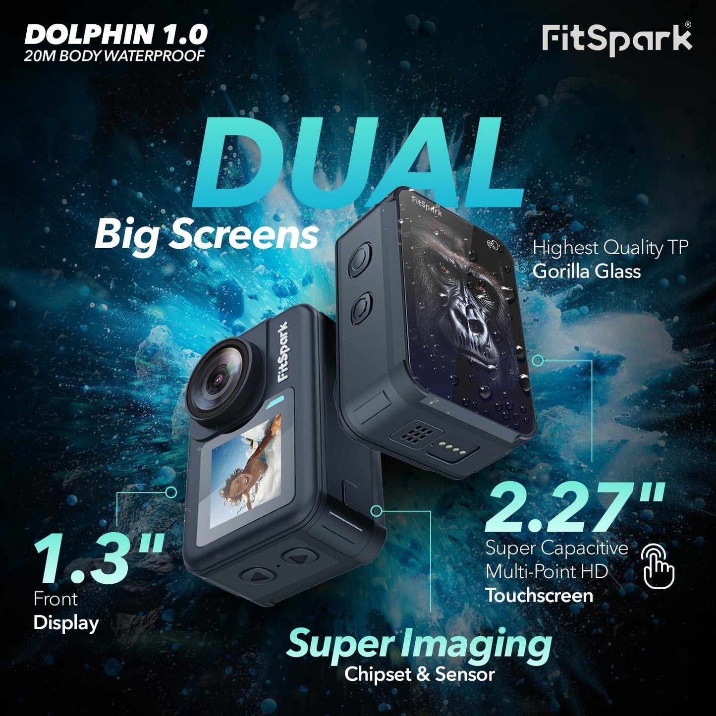 FitSpark Dolphin 1.0 20M Body Waterproof Real 4K30FPS Dual Big 2.2" Touchscreen EIS Action Camera Sony Sensor No.1 Chipset Wireless MIC Support *Free Dock+Battery Offer* WiFi Smart Remote +Full KIT