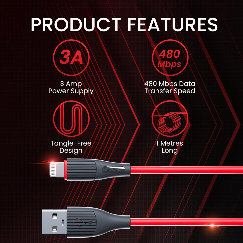 Portronics Silklink 3A USB to 8 Pin Fast charging Cable for Lightning Devices,Premium Silicon Cable, 1M (Red)