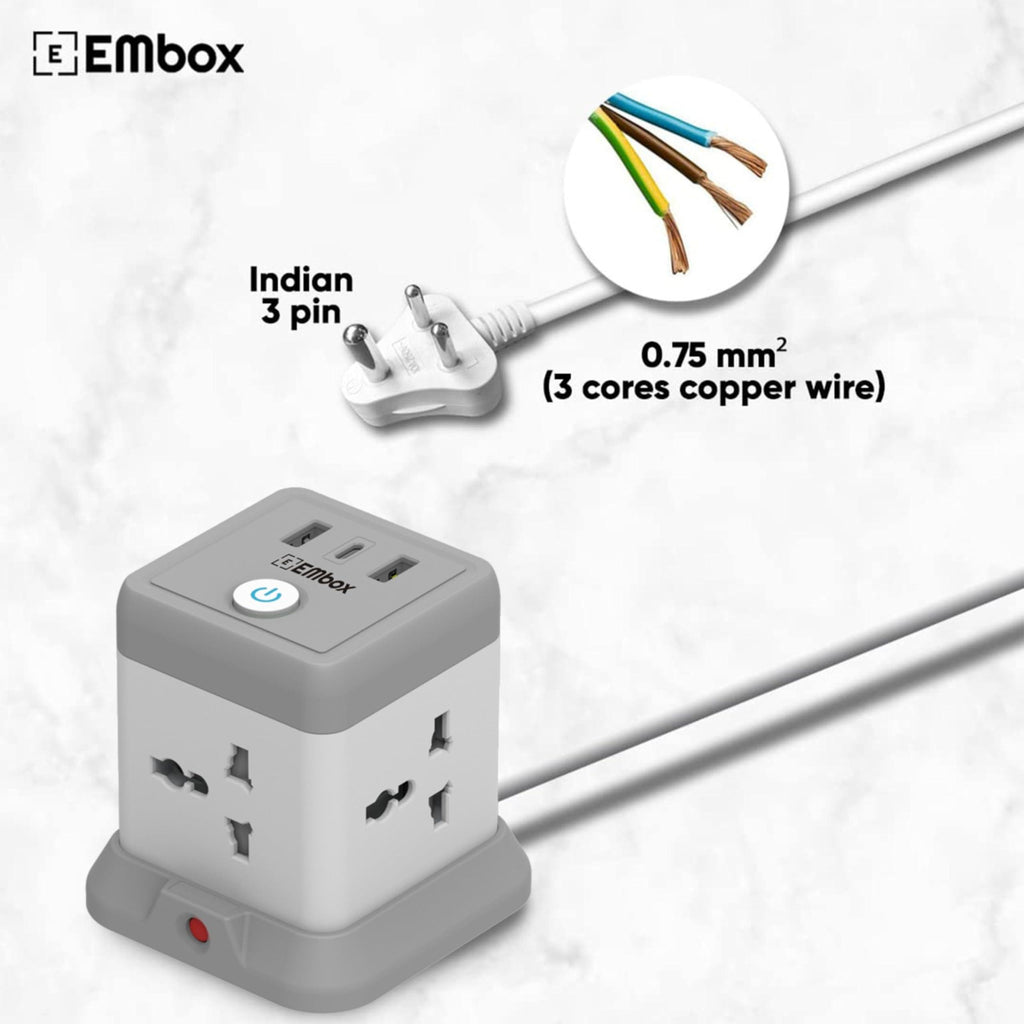 EMBOX Cube Extension Board with USB Port with Universal Sockets and USB (2.4 A) (QC 3.0) with Overload Protector, Indicator, 1.8 mtr Extension Cord, Safety Shutter-Multi Plug Socket