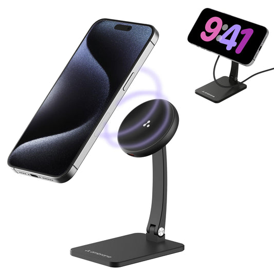 Ambrane Qi2 & Magsafe 15W Wireless Charger with Premium Metal Mobile Stand, Latest Qi2 for iPhone 12/13/14 15/16 All Series & Other Wireless Devices, Foldable + Free Magnetic Ring (AerosynQ S1, Black)