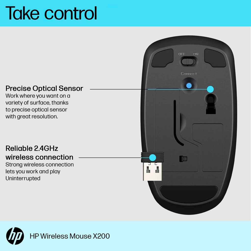 HP X200 Wireless Mouse with 2.4 GHz Wireless connectivity, Adjustable DPI up to 1600, ambidextrous Design, and 18-Month Long Battery Life. 3-Years Warranty (6VY95AA)