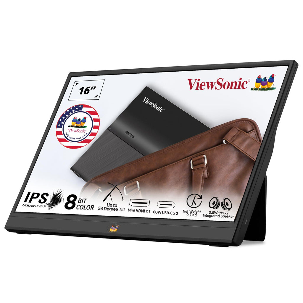 ViewSonic 16 Inch Full HD Portable Monitor 1920x1080 IPS Panel, 60Hz, USB Type-C One Cable Solution 60W Charge Back, Speaker, Eye Care, Foldable Stand, Sleeve Case 2 x USB-C 3.2, 1 x Mini HDMI -VA1655