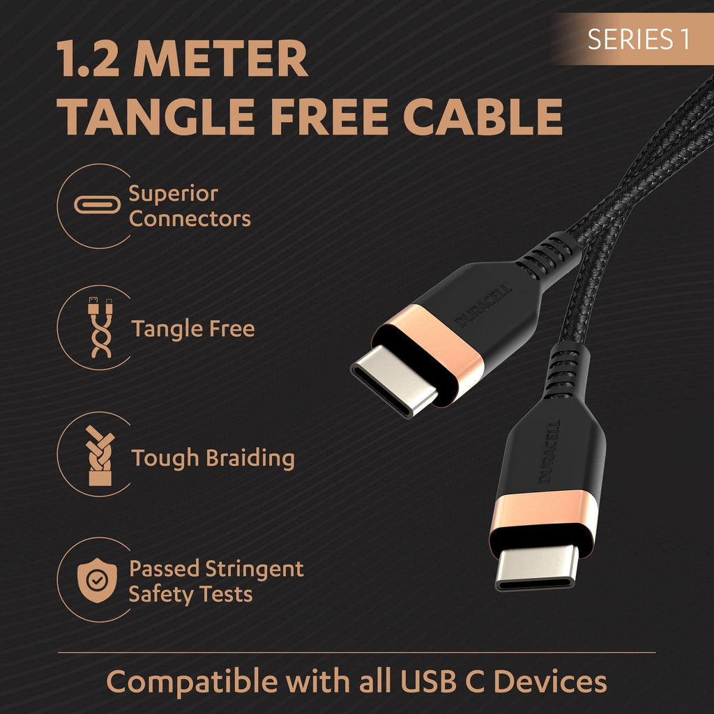 Duracell Usb Type C To Type C 4A(60W) Braided Sync& Charging Cable,Compatible With Mobile,Laptop,Tablets&Macbook,3.9 Feet(1.2M) Supports Power Delivery(Pd) With Rapid Data Transmission,Black