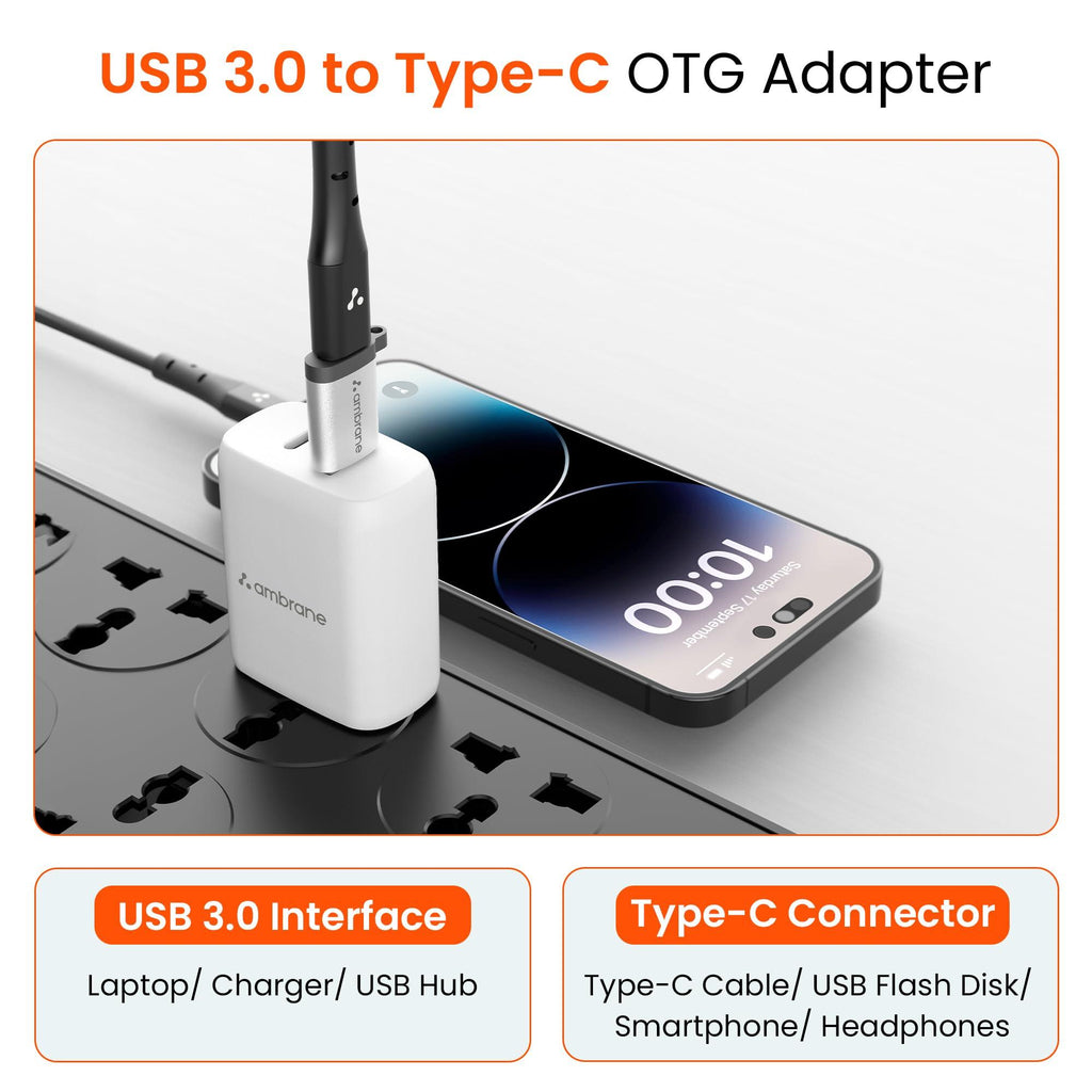 Ambrane USB Type C Female to USB Male OTG Adapter with 5 Gbps High-Speed Data Transfer, Compatible with Laptops, Tablets, Smartphone, Chargers and More Devices (AOTG-A1, Grey)