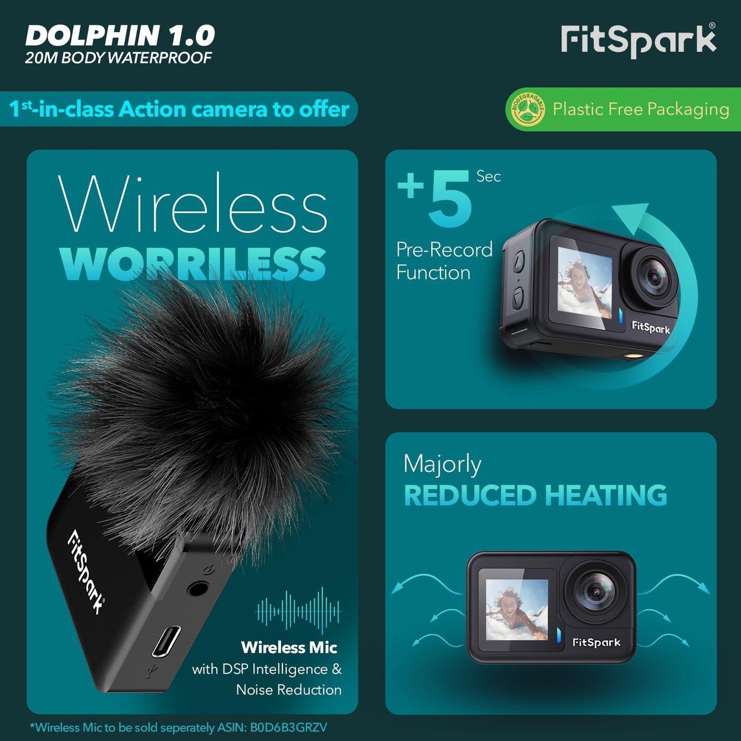 FitSpark Dolphin 1.0 20M Body Waterproof Real 4K30FPS Dual Big 2.2" Touchscreen EIS Action Camera Sony Sensor No.1 Chipset Wireless MIC Support *Free Dock+Battery Offer* WiFi Smart Remote +Full KIT