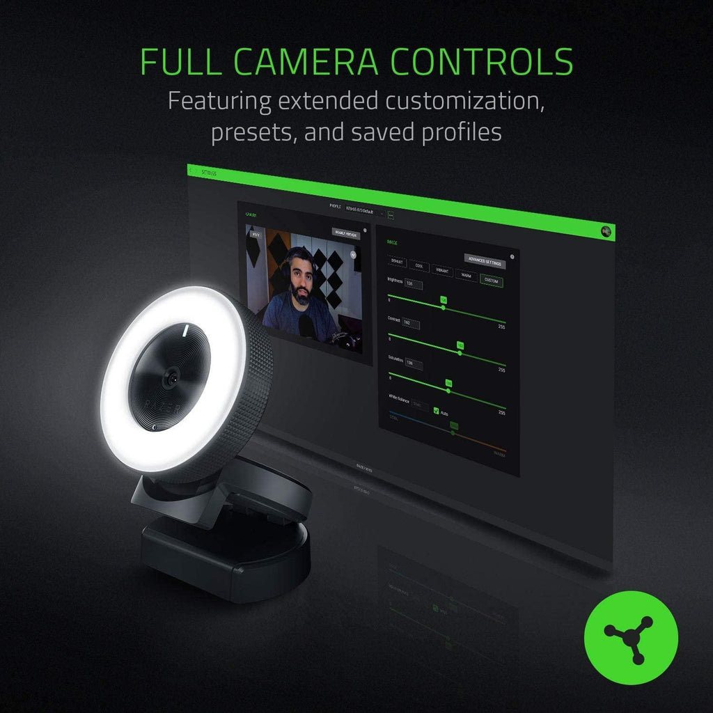 Razer Kiyo Streaming Webcam: 1080p 30 FPS / 720p 60 FPS - Ring Light w/Adjustable Brightness - Built-in Microphone - Advanced Autofocus, Black - RZ19-02320100-R3M1, 3 x Optical Zoom