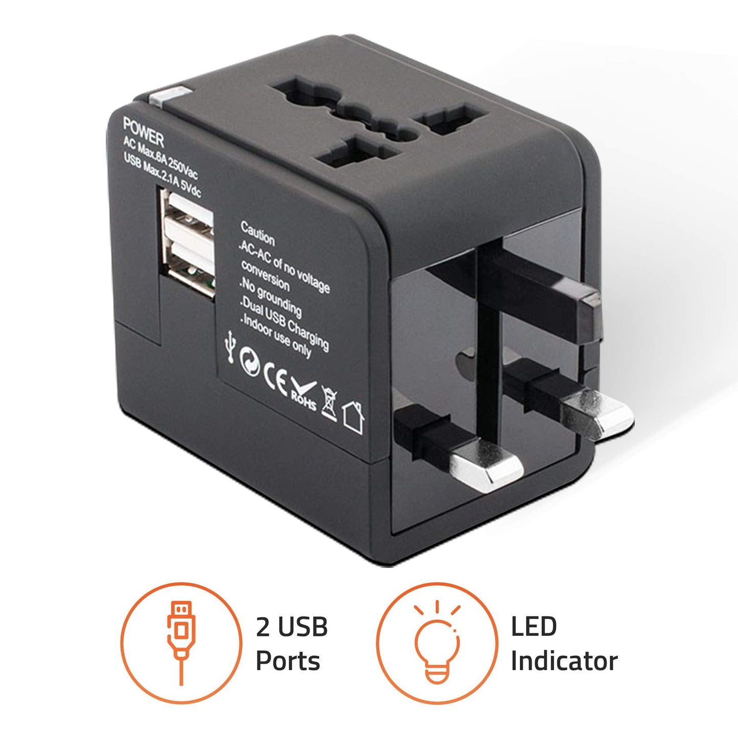 Artis UV200 Universal Travel Adapter/Converter/Charger with 2.1A USB Port (Black)