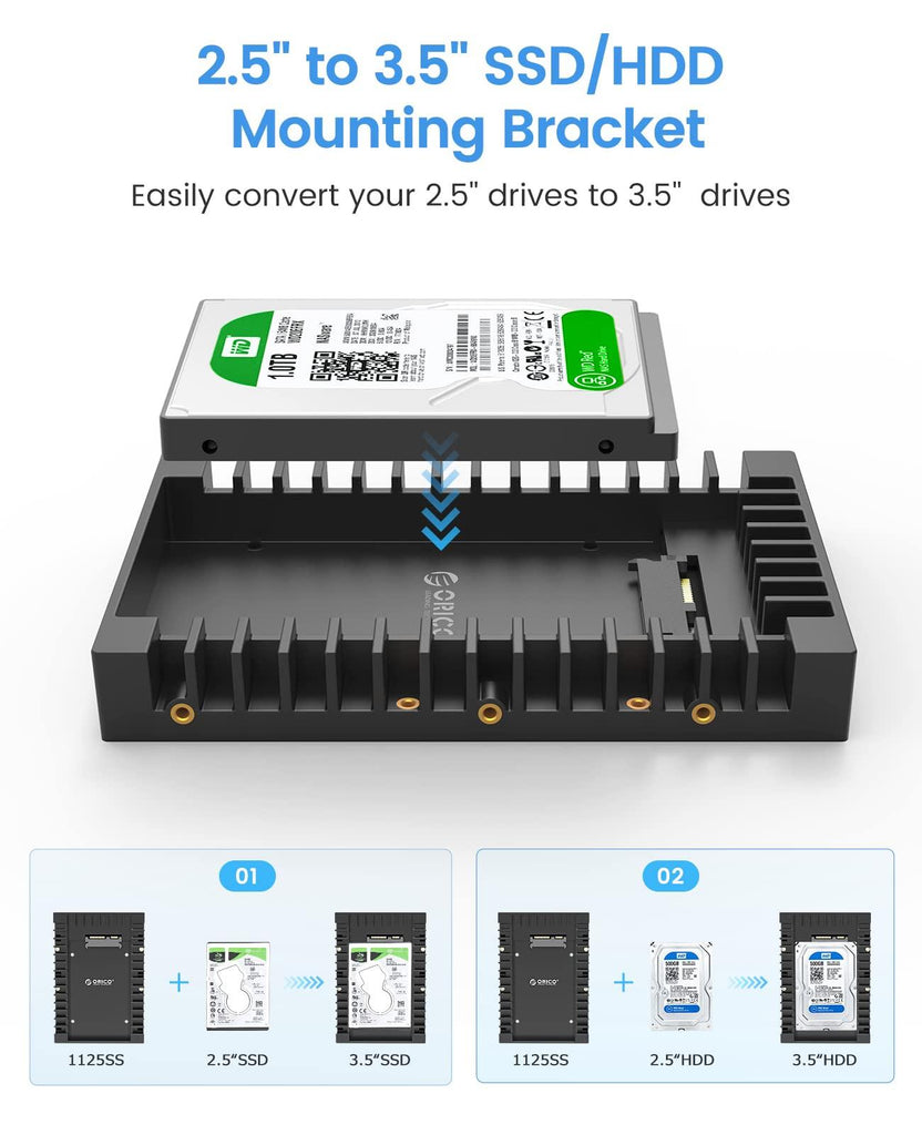 [2Packs] ORICO 2.5 SSD SATA to 3.5 Hard Drive Adapter Internal Drive Bay Converter Mounting Bracket Caddy Tray for 7 / 9.5 / 12.5mm 2.5 inch HDD / SSD with SATA III Interface(1125SS-2)