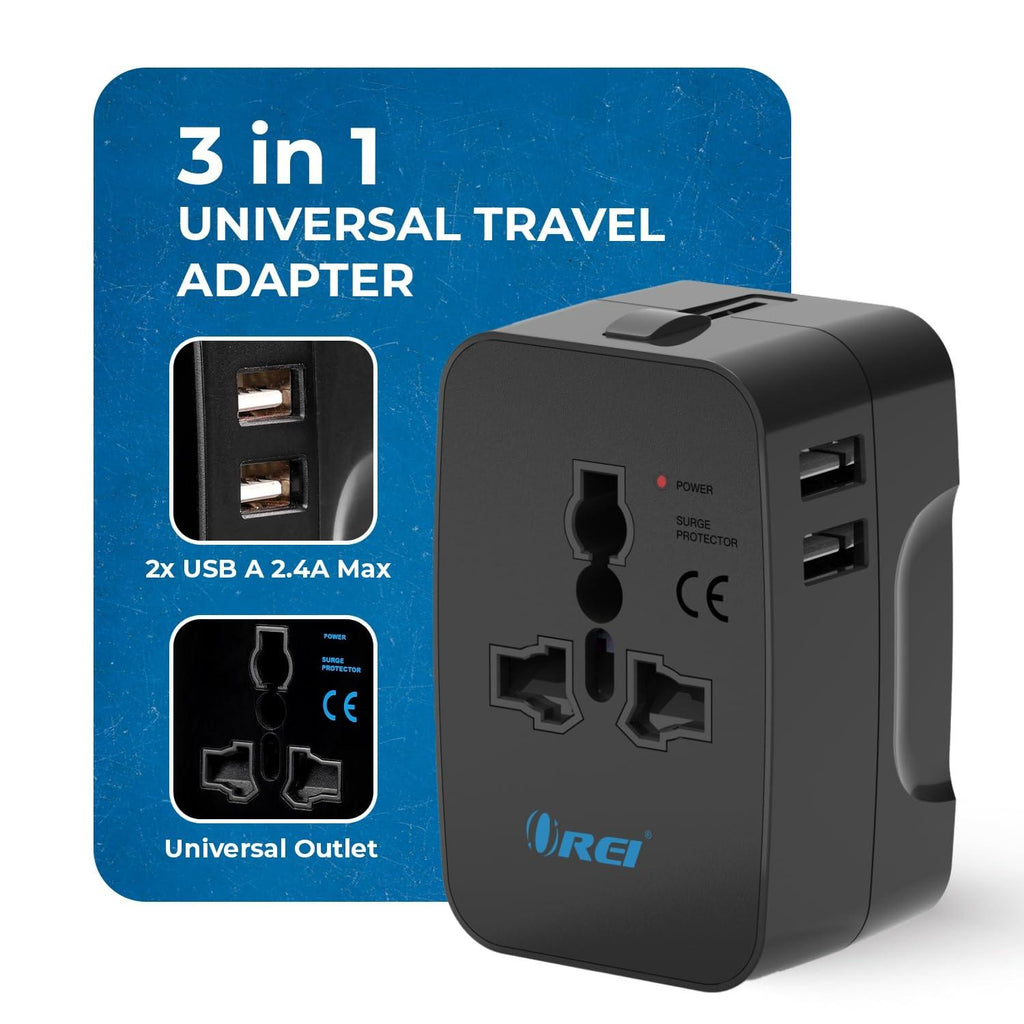 Orei Universal Travel Adapter - 3 in 1 Worldwide Travel Adapter with Dual USB - Universal Socket with 2X USB-A 2.4A - Travel Adapter for US, Europe & More - 3 Year Warranty