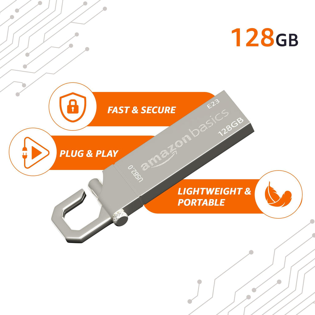 Amazon Basics 128 GB USB 2.0 Pen Drive |Flash Drive | with Key Ring (Metal)