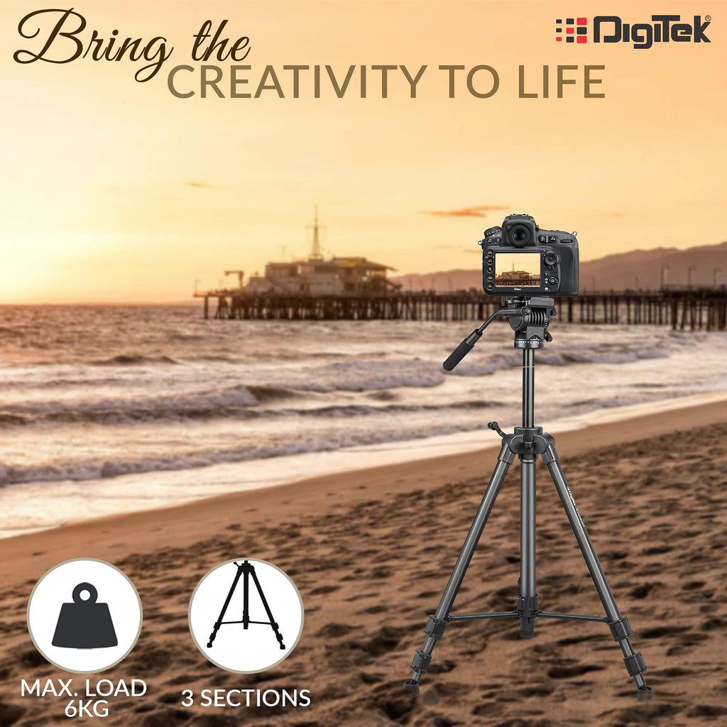 DIGITEK® (DPTR 880 PRO) (165 CM) Platinum Aluminum Light Weight Tripod, with Fluid Video Head, for DSLR & Video Cameras, Maximum Operating Height: 5.90 Feet, Maximum Load : 6 kgs (Black)