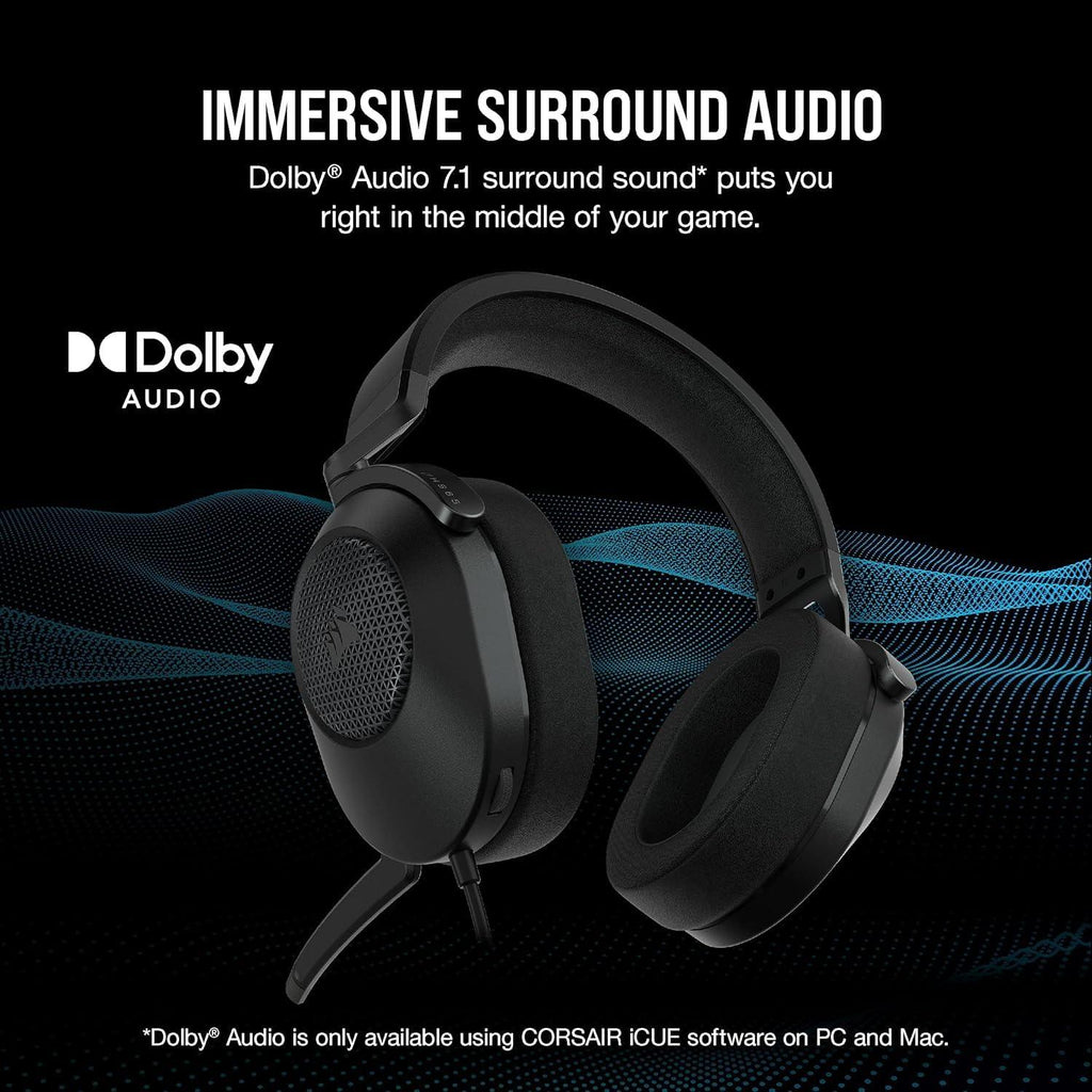 Corsair HS65 Surround Wired Gaming On Ear Headset (Leatherette Memory Foam Ear Pads, Dolby Audio 7.1 Surround Sound on PC and Mac, SonarWorks SoundID Technology, Multi-Platform Compatibility) Carbon